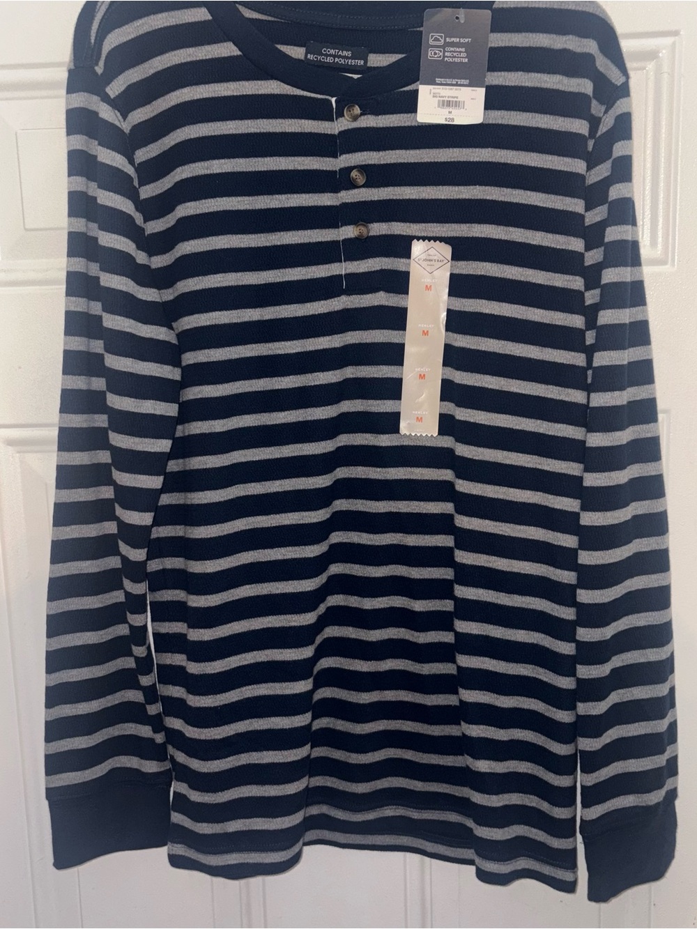 St. John's Bay Navy and Gray Striped Long-Sleeve Henley